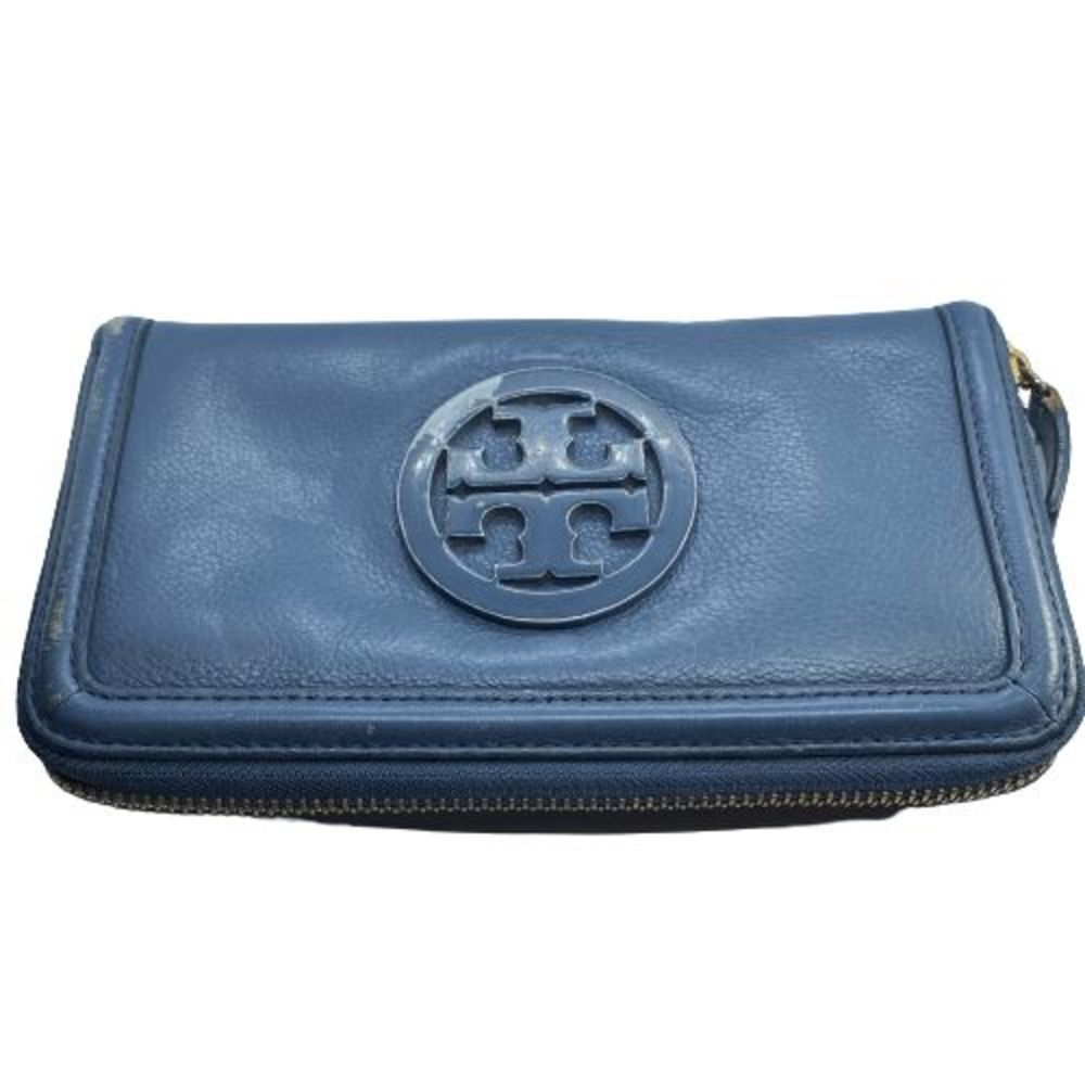 Authentic Tory Burch Blue-ish Gray Leather Zip Around Wallet